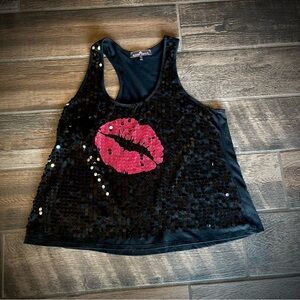 Almost Famous sparkly black sequins with red pink lips tank top XL